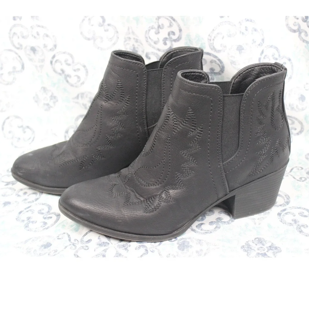 Global Win Black Western‎ Embroidered Ankle Boots Block Heel 21YY01 Womens 8